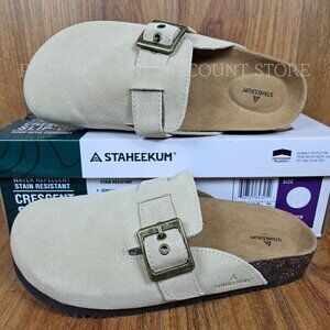 STAHEEKUM Women's Crescent Suede Slip-On Clogs Water Repellent, Tan